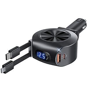 KOOPAO 69W 4-in-1 Retractable Car Charger w/ USB-C & Lightning Cables $6.50