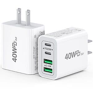 2-Pk 4-Port 40W Max Dulums PD+QC USB-C/A Wall Charger $8