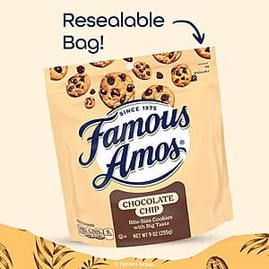 Three 9-ounce boxes of Famous Amos Classic Chocolate Chip Cookies with brown packaging and classic branding.