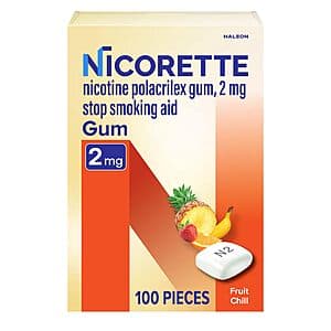 Nicorette 2mg Nicotine Gum package in Fruit Chill flavor, 100-count box.