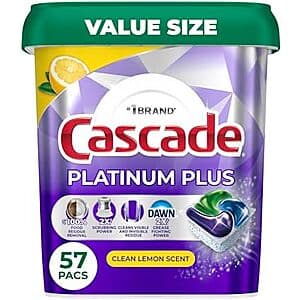 Three boxes of Cascade Platinum Plus dishwasher pods with lemon scent branding, each containing 57 pods.