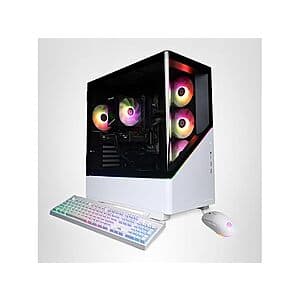 CyberPowerPC gaming desktop tower with RGB lighting, featuring high-performance components for gaming and productivity.