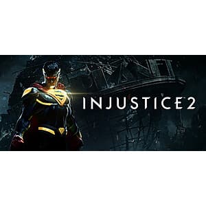 Injustice 2 game cover art for PC, featuring superhero characters from the DC Universe.