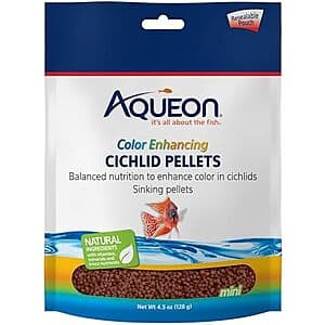 4.5-ounce container of Aqueon Cichlid Food Color Enhancing pellets for aquarium fish.