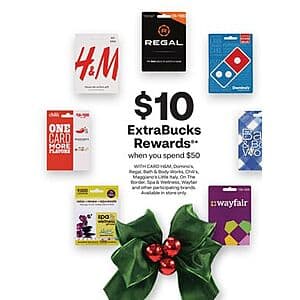 CVS In-Stores Only: Select Gift Cards: H&M, Domino's, Regal, Bath & Body Works $10 ExtraBucks Rewards on $50+ & More