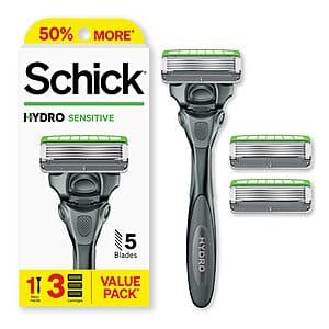 Schick Hydro Sensitive 5-Blade Razor Starter Kit w/ 1 Handle & 3 Razor Refills $7.60 w/ Subscribe & Save