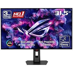 32-inch ASUS ROG Strix gaming monitor with 4K OLED display panel and dual-mode technology, featuring a curved design with RGB lighting accents on the stand.