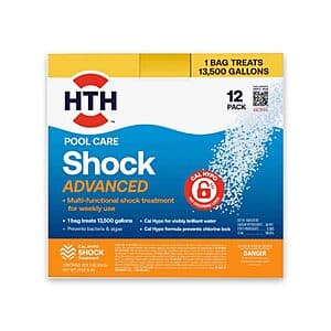 HTH 52037R Pool Care Shock Advanced 12-pack with white and blue packaging containing calcium hypochlorite pool sanitizer.