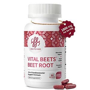 iMATCHME Vital Beets bottle containing 90 red capsules, labeled as 1800mg beet root 8-in-1 heart and circulation complex formula.