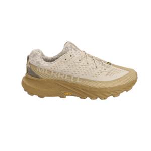 Oyster-colored Merrell Men's Agility Peak 5 trail running shoe displayed from the side.