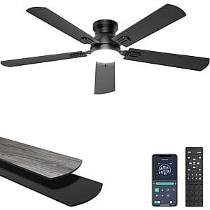 Ohniyou 52-inch low-profile ceiling fan with five dark blades, integrated LED light fixture, and modern brushed finish housing.