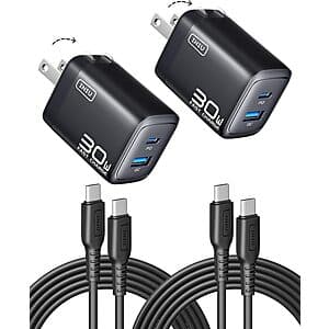 2-Pk INIU 30W GaN Mini USB-C/A Wall Charger w/ 2x 5' USB-C Cable (Black) $8.40