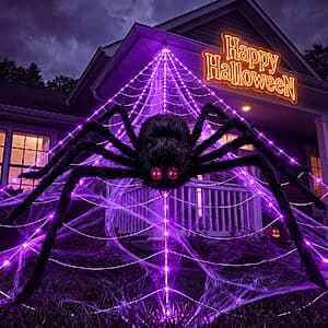 Prime: 16.4' Brightown 255-LED Light-Up Halloween Spider Web w/ Plush Spider $18 + Free S&H