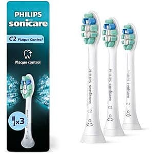 Three Philips Sonicare Genuine C2 toothbrush heads in white and blue packaging.