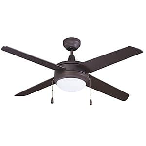 RP Lighting and Fans Europa 50-inch 4-blade indoor ceiling fan in oil rubbed bronze finish with integrated LED light kit.