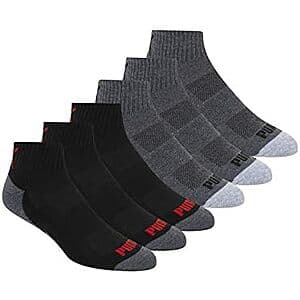6-pk PUMA Men's Quarter Crew Socks (10-13, Dark Grey/Black Red Combo) $7.60