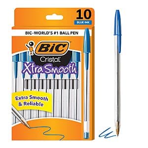 Pack of 10 BIC Cristal Xtra Smooth blue ballpoint pens with 1.0mm medium points.