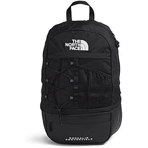 The North Face Borealis Convertible Pack in solid black with convertible shoulder straps and multiple compartments.