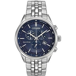 Citizen Men's Classic Corso Eco-Drive Chronograph Watch with black dial, sapphire crystal, and stainless steel bracelet.