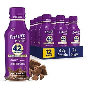 Ensure Max Protein Shake 12-pack showing milk chocolate flavored ready-to-drink bottles with nutrition label highlighting 42g protein and 2g sugar per 14 fl oz serving.
