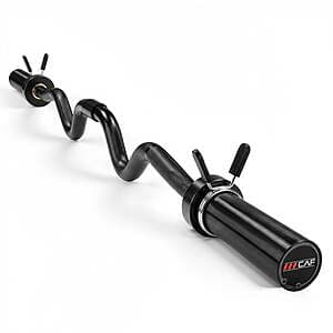 Black CAP 2-piece Olympic curl bar with spring clip collars, designed for 2-inch Olympic plates with 200 lb weight capacity.