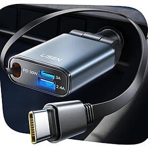 LISEN 3-in-1 Up to 57W Car Charger w/ Retractable USB-C Cable $9