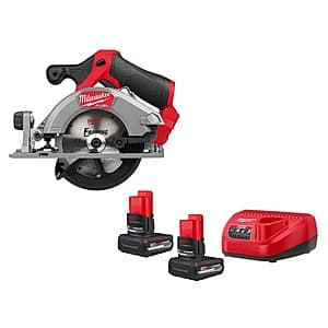 Milwaukee M12 FUEL 12V brushless cordless circular saw with 5-3/8 inch blade, featuring red and black casing, alongside two M12 XC 5.0 Ah lithium-ion batteries.