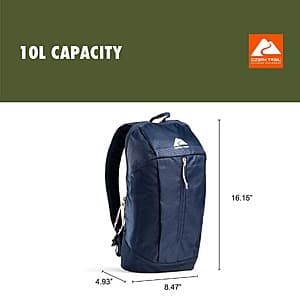 Ozark Trail 10L polyester daypack backpack in navy or rose with padded shoulder straps, main compartment, front pocket, and carry handle.
