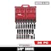 Milwaukee SHOCKWAVE 36-piece 3/8" drive socket set with metric and SAE deep well sockets in PACKOUT storage case.