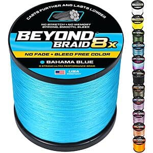 Beyond Braid 8x braided fishing line spool in Bahama Blue, 15LB test weight, 300 yards.