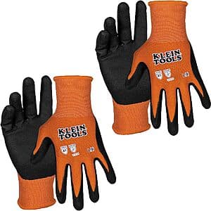 Klein Tools 60581 work gloves featuring nylon-spandex construction with gray nitrile coating, packaged as a 2-pair set in Large size.