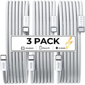 3-Pack LISEN 6.6' 60W USB-C to USB-C Charger Cables $5