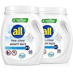 Select Accounts: 2-Pk 66-Ct All Free Clear MIGHTY PACS Laundry Detergent Pacs 2 for $30.35 w/ S&S + Free S&H