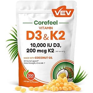 Bottle of VEV Vitamin D3 K2 softgels containing 300 coconut oil softgels with 10,000 IU vitamin D3 and 200 mcg K2.