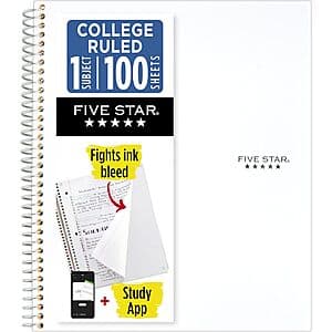 Five Star 1-Subject College Ruled Spiral Notebook (White, 100 Sheets) $2
