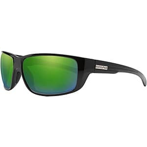 Suncloud Milestone polarized sunglasses with black wrap frame and mirror lens coating.