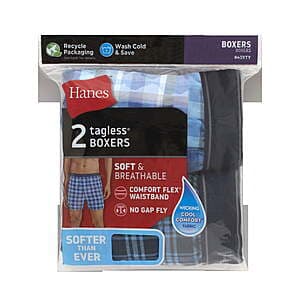 2-Pk Hanes Men's Tagless Boxers Underwear (Blue Plaid, L or XL) $5