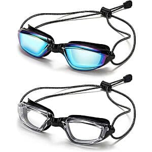 Transparent rose red anti-fog swimming goggles with adjustable black bungee strap and UV protection lenses.