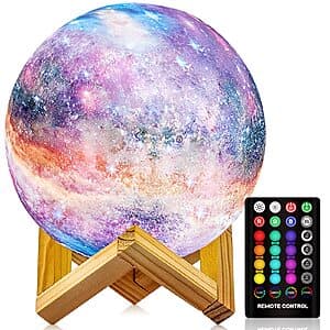 LOGROTATE 4.8-inch spherical galaxy moon lamp with 3D-printed textured surface, displaying colorful galaxy design while illuminated in multiple colors.