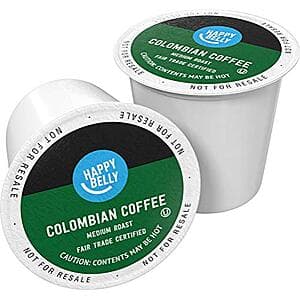 Box of 24 Happy Belly Medium Roast Colombian Keurig coffee pods in brown packaging.