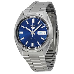 Seiko 5 automatic men's watch with round 38mm stainless steel case, blue dial, luminous silver-tone hands, and matching stainless steel bracelet.