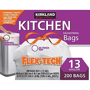 Select Stores: 200-Ct 13-Gal Kirkland Signature Flex-Tech Kitchen Trash Bags $16 (In-Store Only)