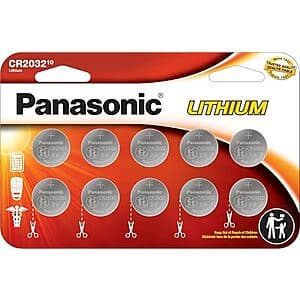 10-Pk Panasonic CR2032 3V Lithium Coin Cell Batteries $6.50
