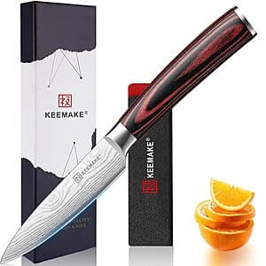 Keemake 3.5-inch paring knife with high carbon stainless steel blade and brown pakkawood handle.