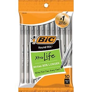10-Count BIC Round Stic Xtra Life Medium Point Ball Pens (Black, 1.0mm) $0.85 w/ Subscribe & Save