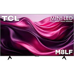 TCL 85-inch M8LF Series 4K Smart TV with mini-LED display and ultra-slim bezel design, black finish.