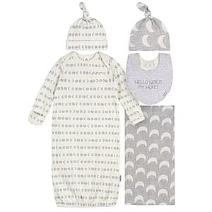 Gerber baby 5-piece gift set in neutral colors including a gown, cap, bib, swaddle, and blanket for newborns 0–6 months.