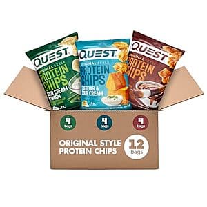 12-pack variety of Quest Protein Chips in 1.1-oz servings featuring BBQ, Cheddar & Sour Cream, and Sour Cream & Onion flavors.