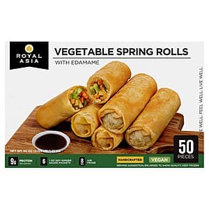 Box of Royal Asia Vegetable Spring Rolls with Edamame containing 6 spring rolls and soy ginger sauce packets.