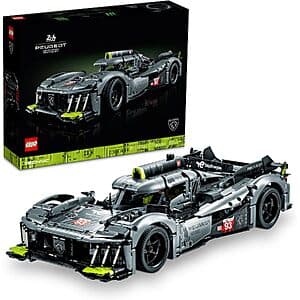 1775-piece LEGO Technic set displaying the PEUGEOT 9X8 24H Le Mans Hybrid Hypercar in white and black racing livery with detailed mechanical components visible.